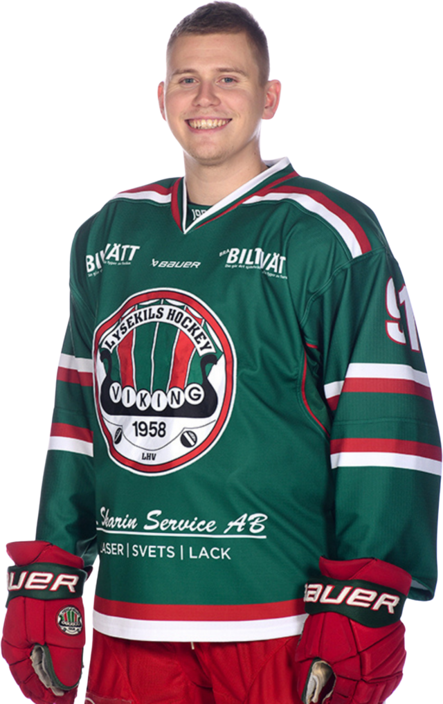 Linus Nielsen, VD på Vikingalasset, i Lysekils Hockey Vikings matchtröja